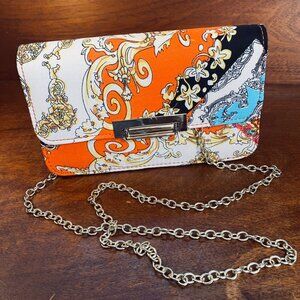 Colorful Printed Clutch Purse With Gold-Tone Chain Strap & Metal Clasp Closure